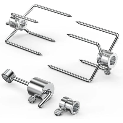 Stainless Steel Rotisserie Meat Forks, 4-Prong Pair for BBQ Spit Rods - (1-Pair) Kit
