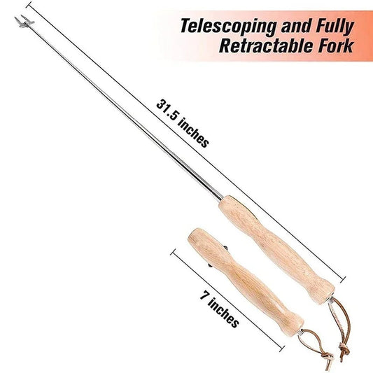 Stainless Steel Telescopic BBQ Fork with Wooden Handle, 720mm