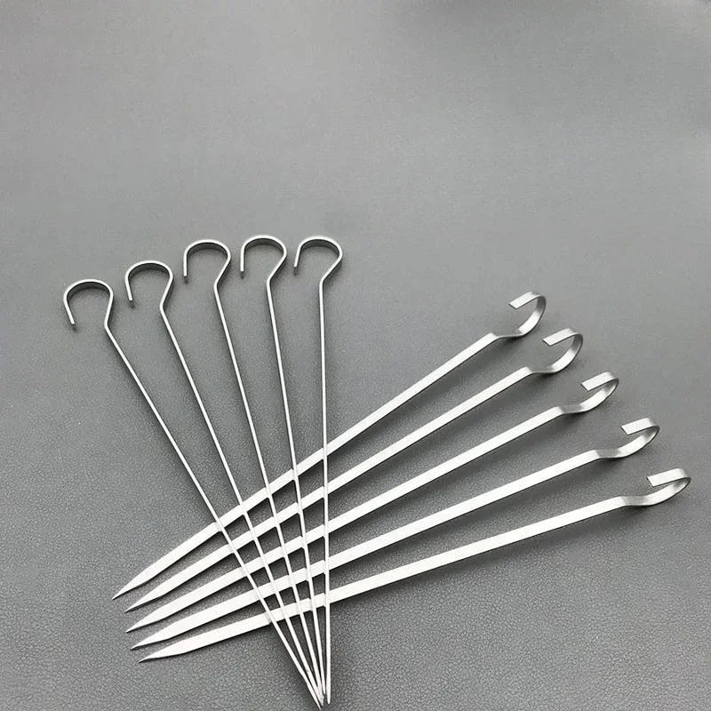 Stainless Steel BBQ Kebab Skewers, Hooked Ends, 10-Piece Set, 201 or 304, 12-20cm