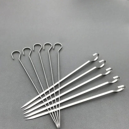 Stainless Steel BBQ Kebab Skewers, Hooked Ends, 10-Piece Set, 201 or 304, 12-20cm