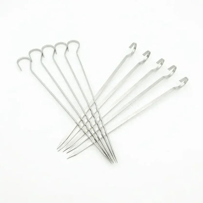 Stainless Steel BBQ Kebab Skewers, Hooked Ends, 10-Piece Set, 201 or 304, 12-20cm