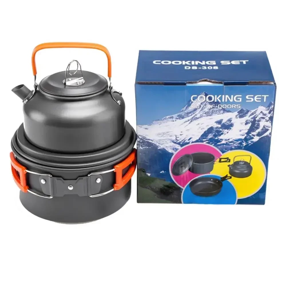 Camping Cooking Set, Metal Non-Stick Cookware with Pot, Frying Pan and 0.8L Teapot, for 2-3 People