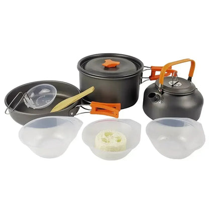 Camping Cooking Set, Metal Non-Stick Cookware with Pot, Frying Pan and 0.8L Teapot, for 2-3 People