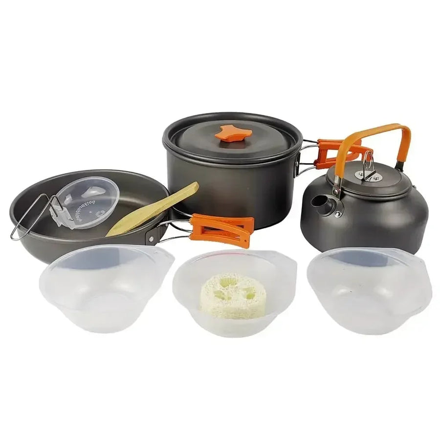 Camping Cooking Set, Metal Non-Stick Cookware with Pot, Frying Pan and 0.8L Teapot, for 2-3 People