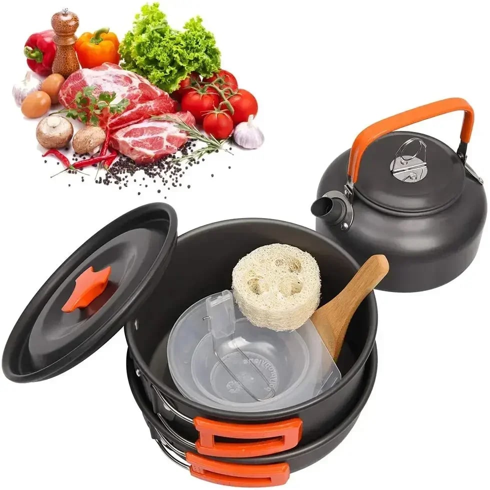 Camping Cooking Set, Metal Non-Stick Cookware with Pot, Frying Pan and 0.8L Teapot, for 2-3 People