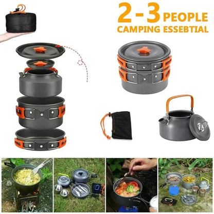 Camping Cooking Set, Metal Non-Stick Cookware with Pot, Frying Pan and 0.8L Teapot, for 2-3 People