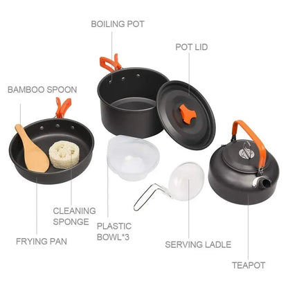Camping Cooking Set, Metal Non-Stick Cookware with Pot, Frying Pan and 0.8L Teapot, for 2-3 People