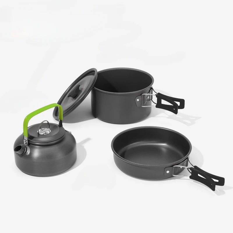 Camping Cooking Set, Metal Non-Stick Cookware with Pot, Frying Pan and 0.8L Teapot, for 2- - green
