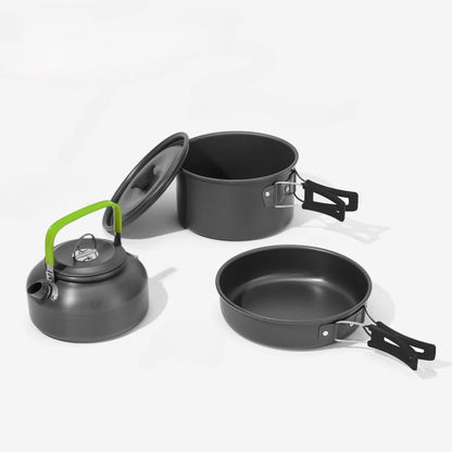 Camping Cooking Set, Metal Non-Stick Cookware with Pot, Frying Pan and 0.8L Teapot, for 2- - green
