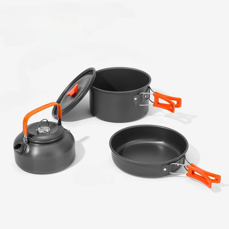 Camping Cooking Set, Metal Non-Stick Cookware with Pot, Frying Pan and 0.8L Teapot, for 2- - orange