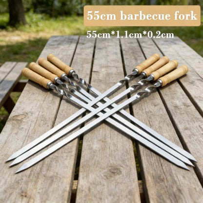 Stainless Steel BBQ Skewer Forks with Wood Handles, 6 Piece, 55cm