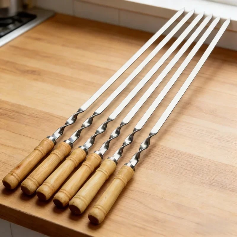 Stainless Steel BBQ Skewer Forks with Wood Handles, 6 Piece, 55cm