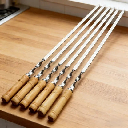 Stainless Steel BBQ Skewer Forks with Wood Handles, 6 Piece, 55cm