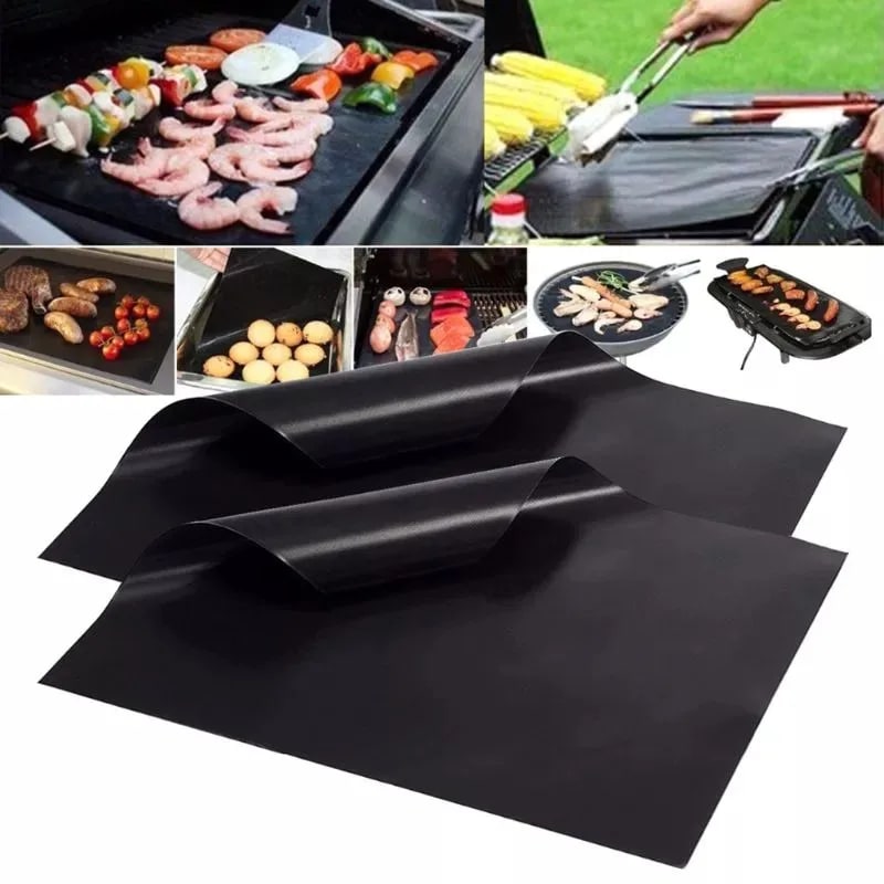 Non-Stick BBQ Grill Mat 40 x 33cm Reusable High-Temperature Cooking Sheet, Black