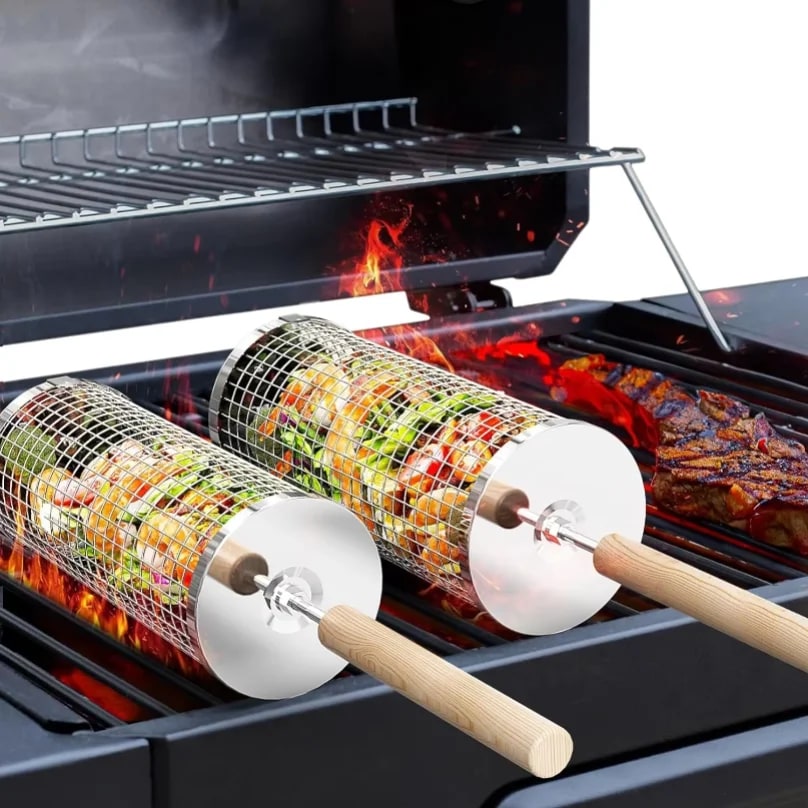 Rolling BBQ Grill Basket, 304 Stainless Steel Cylinder with Wooden Handle, Small or Large