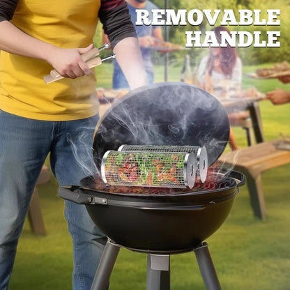 Rolling BBQ Grill Basket, 304 Stainless Steel Cylinder with Wooden Handle, Small or Large