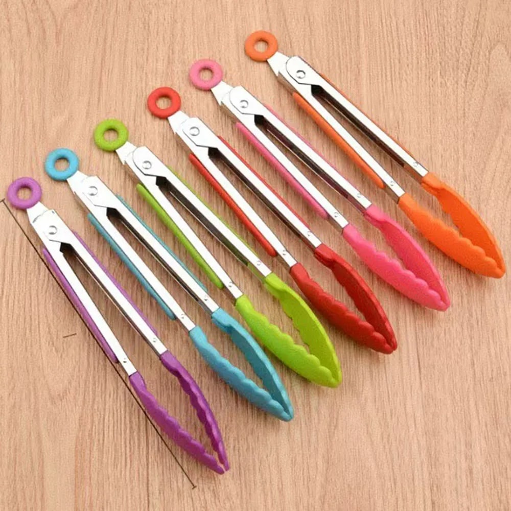 Silicone Stainless Steel BBQ Tongs, 21.4cm Food Tongs with Coloured Grip