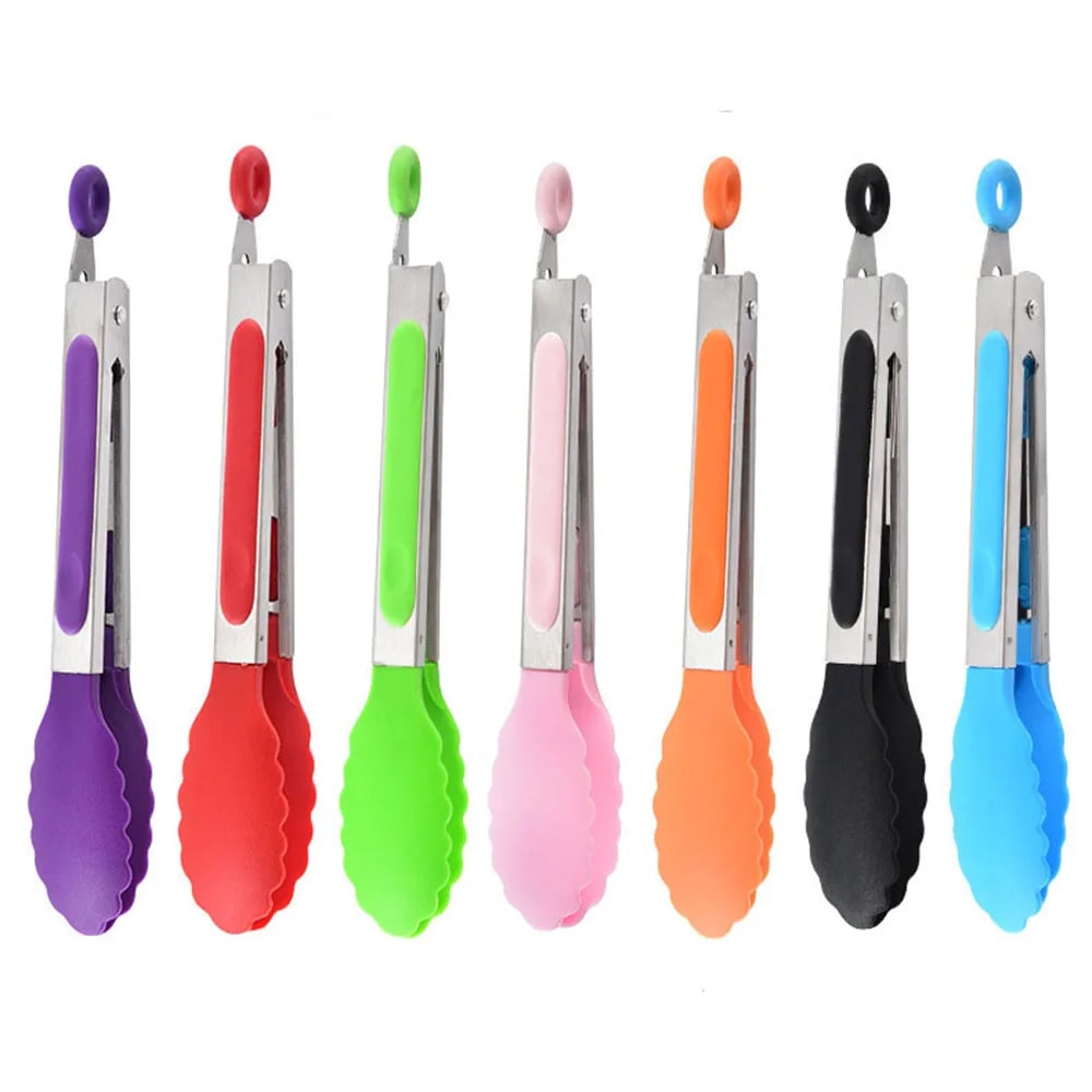 Silicone Stainless Steel BBQ Tongs, 21.4cm Food Tongs with Coloured Grip