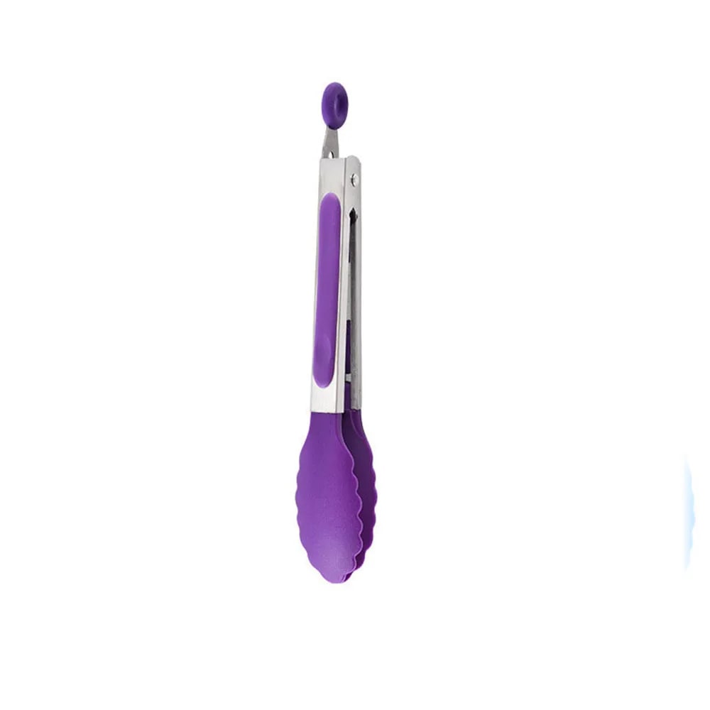 Silicone Stainless Steel BBQ Tongs, 21.4cm Food Tongs with Coloured Grip - HY0149-Purple