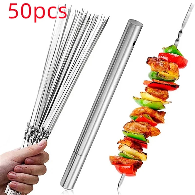 Stainless Steel BBQ Skewers, 30cm, 50 Sticks with Barbecue Tube