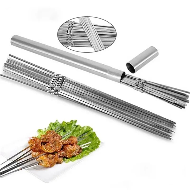 Stainless Steel BBQ Skewers, 30cm, 50 Sticks with Barbecue Tube
