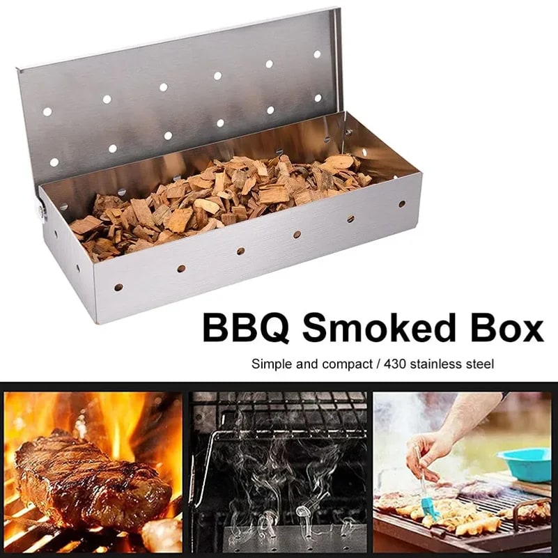 Stainless Steel BBQ Smoker Box for Gas and Charcoal Grills, 22 x 9.5 x 4.3 cm