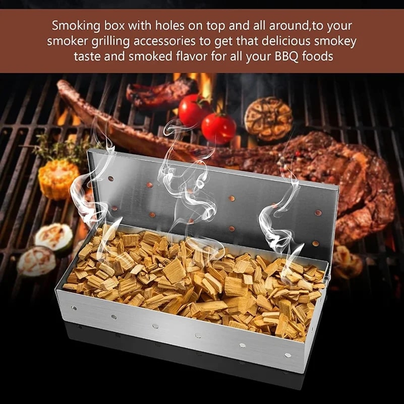 Stainless Steel BBQ Smoker Box for Gas and Charcoal Grills, 22 x 9.5 x 4.3 cm