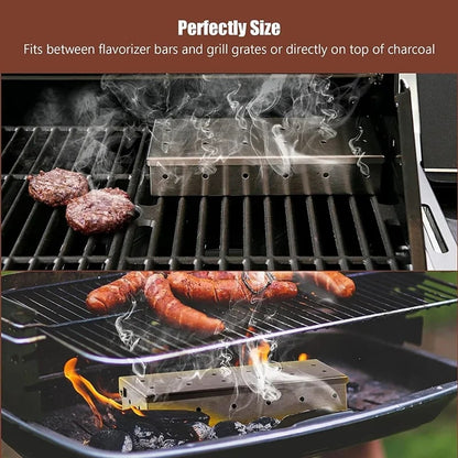 Stainless Steel BBQ Smoker Box for Gas and Charcoal Grills, 22 x 9.5 x 4.3 cm