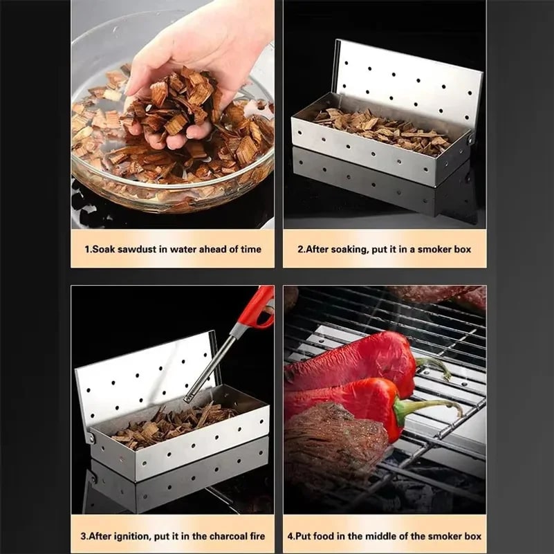 Stainless Steel BBQ Smoker Box for Gas and Charcoal Grills, 22 x 9.5 x 4.3 cm