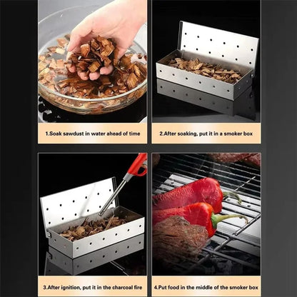 Stainless Steel BBQ Smoker Box for Gas and Charcoal Grills, 22 x 9.5 x 4.3 cm
