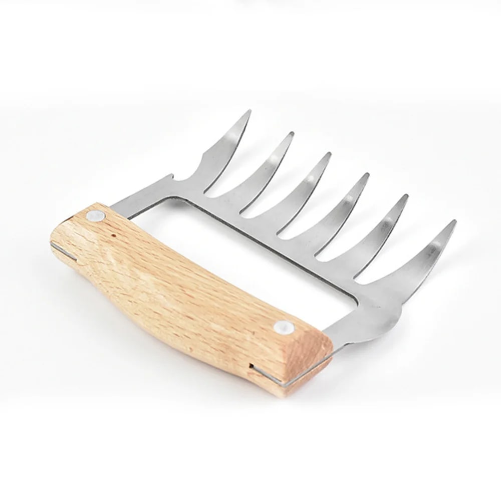 Stainless Steel BBQ Meat Claw Fork for Pulled Pork, 9.5 x 11.5cm - Natural wood