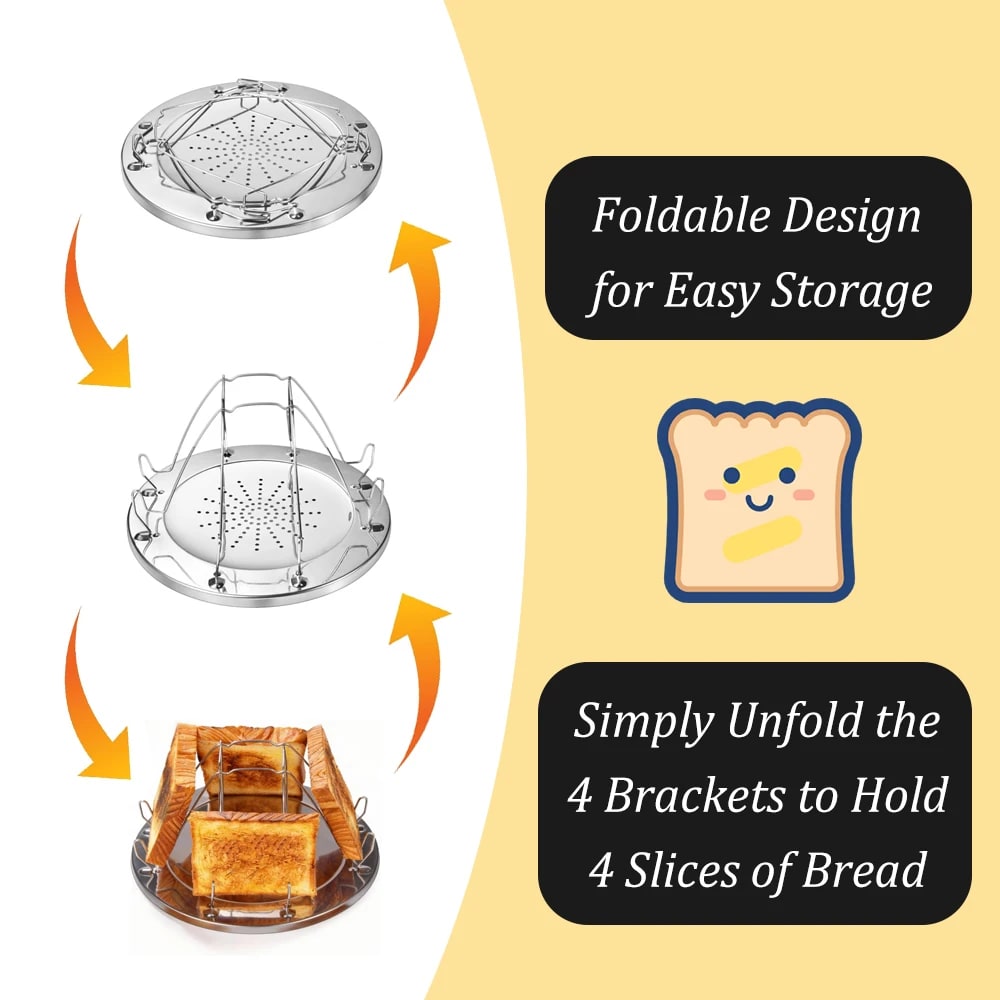 Foldable Stainless Steel Camping Toaster Rack for Gas Stoves, 4-Slice Bread Toast Holder
