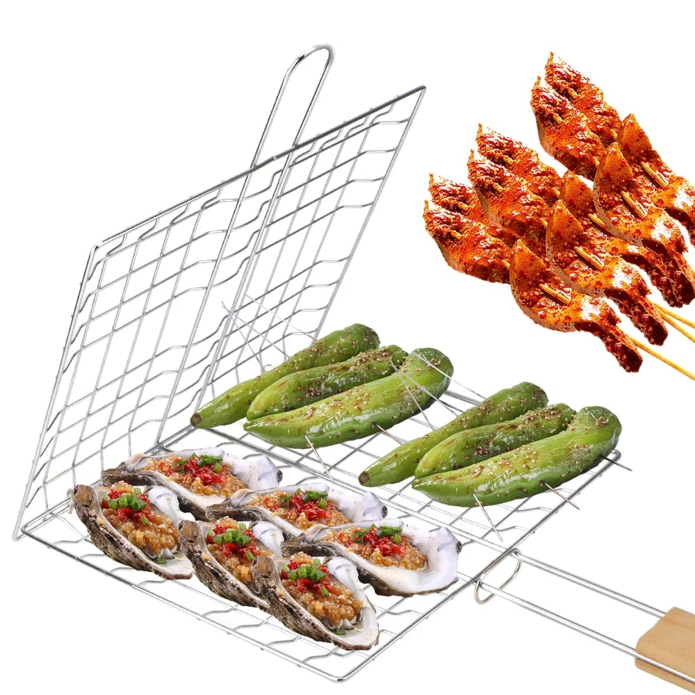 Foldable BBQ Grill Basket with Wooden Handle, Iron Wire Mesh, 39.1 x 20.9cm