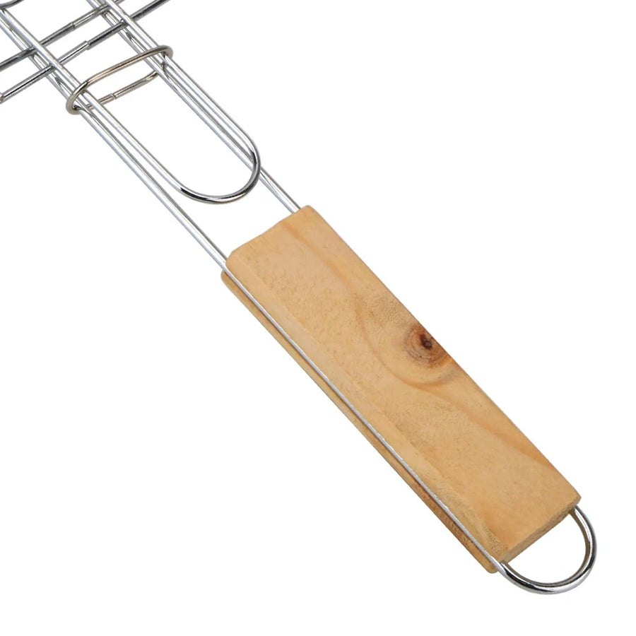 Foldable BBQ Grill Basket with Wooden Handle, Iron Wire Mesh, 39.1 x 20.9cm