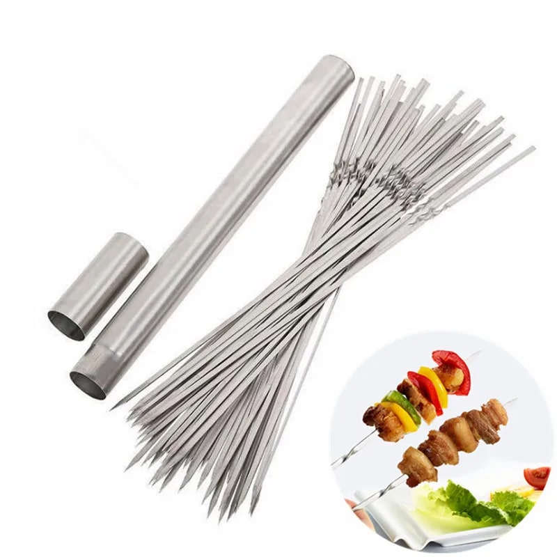 Reusable Stainless Steel BBQ Skewers, 350mm, 10-20 Piece Packs with Storage Tube Options