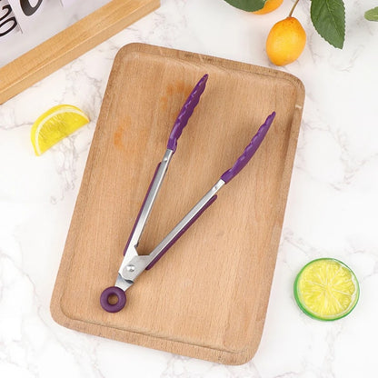 Stainless Steel BBQ Food Tongs with Non-Slip Handle, 21.4cm - Purple