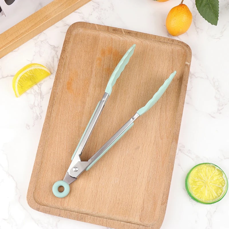 Stainless Steel BBQ Food Tongs with Non-Slip Handle, 21.4cm - Lake blue