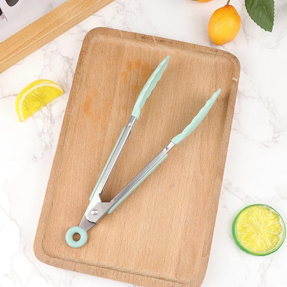 Stainless Steel BBQ Food Tongs with Non-Slip Handle, 21.4cm - Lake blue