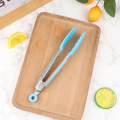 Stainless Steel BBQ Food Tongs with Non-Slip Handle, 21.4cm - Sky blue