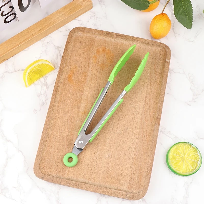 Stainless Steel BBQ Food Tongs with Non-Slip Handle, 21.4cm - Green