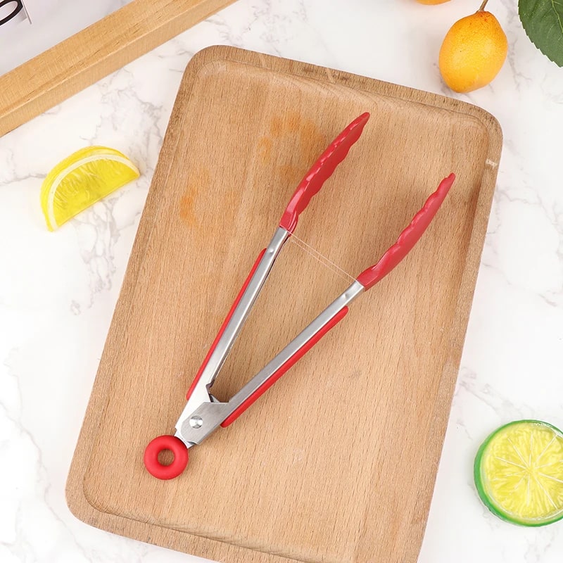 Stainless Steel BBQ Food Tongs with Non-Slip Handle, 21.4cm - Red