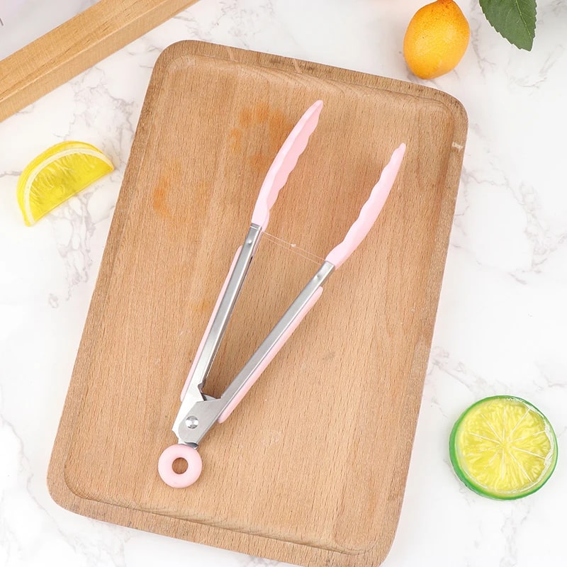 Stainless Steel BBQ Food Tongs with Non-Slip Handle, 21.4cm - Pink