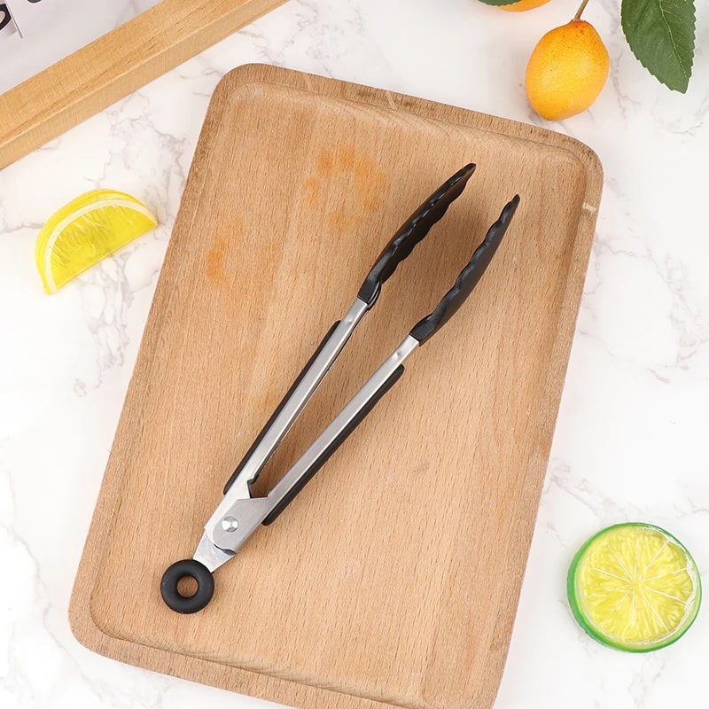 Stainless Steel BBQ Food Tongs with Non-Slip Handle, 21.4cm - Black