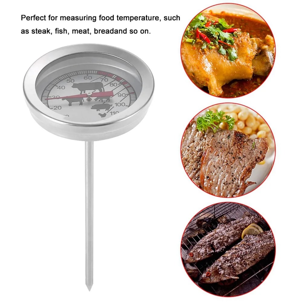 Stainless Steel BBQ Meat Thermometer, 0-120°C Dial Probe, ±2°C Accuracy
