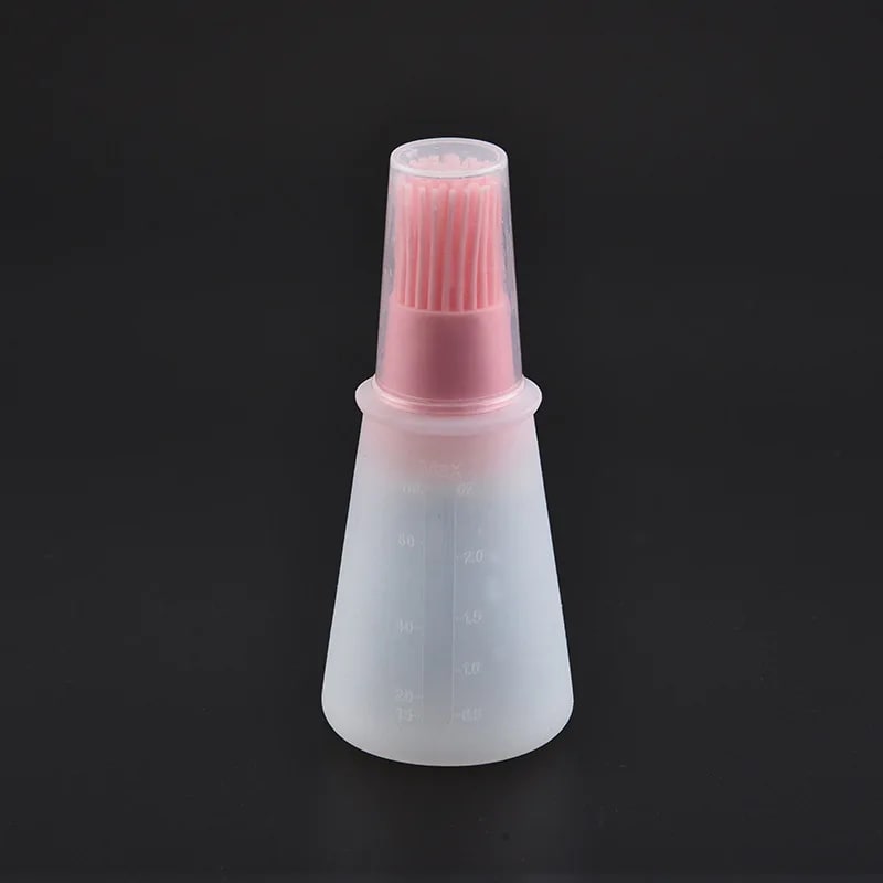 Rubber Oil Bottle with Basting Brush and Measurement Scale for BBQ Cooking - Pink A