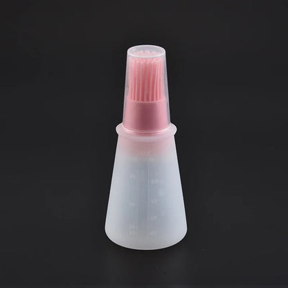Rubber Oil Bottle with Basting Brush and Measurement Scale for BBQ Cooking - Pink A