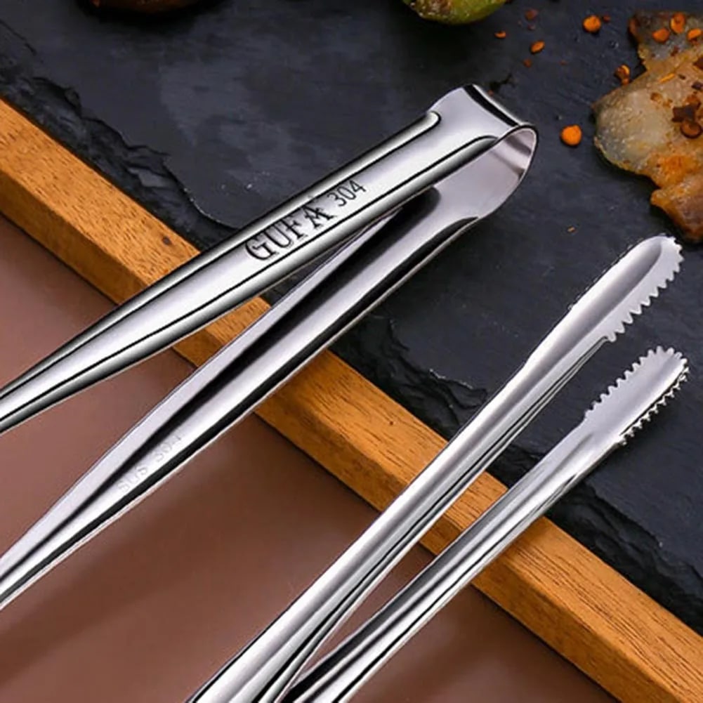 304 Stainless Steel BBQ Tongs, Serrated Food Serving Clips, S-M-L