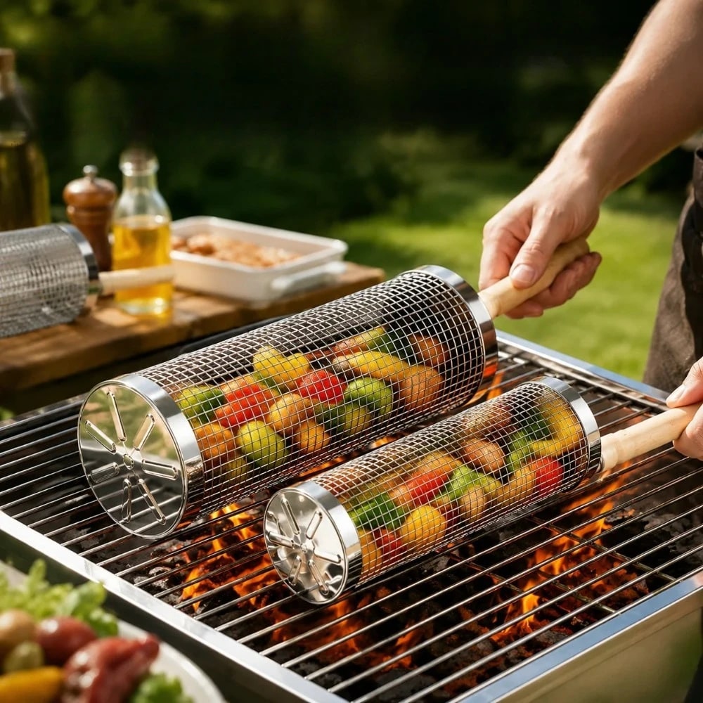 304 Stainless Steel Rolling Grill Basket for Vegetables, Fish and Fries, 20cm or 30cm