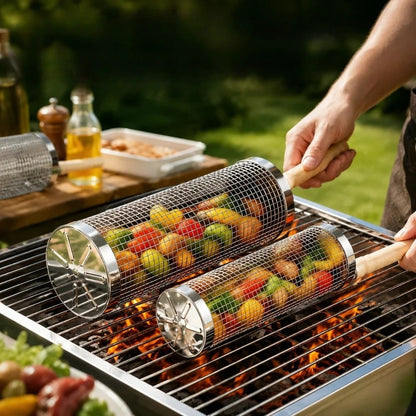 304 Stainless Steel Rolling Grill Basket for Vegetables, Fish and Fries, 20cm or 30cm