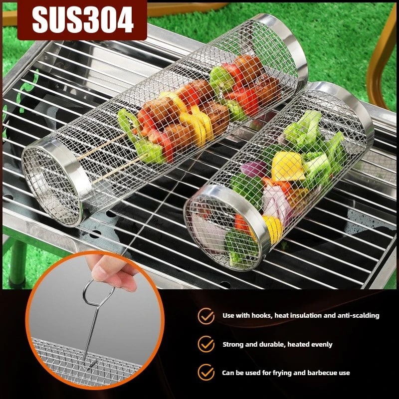 304 Stainless Steel Rolling Grill Basket for Vegetables, Fish and Fries, 20cm or 30cm